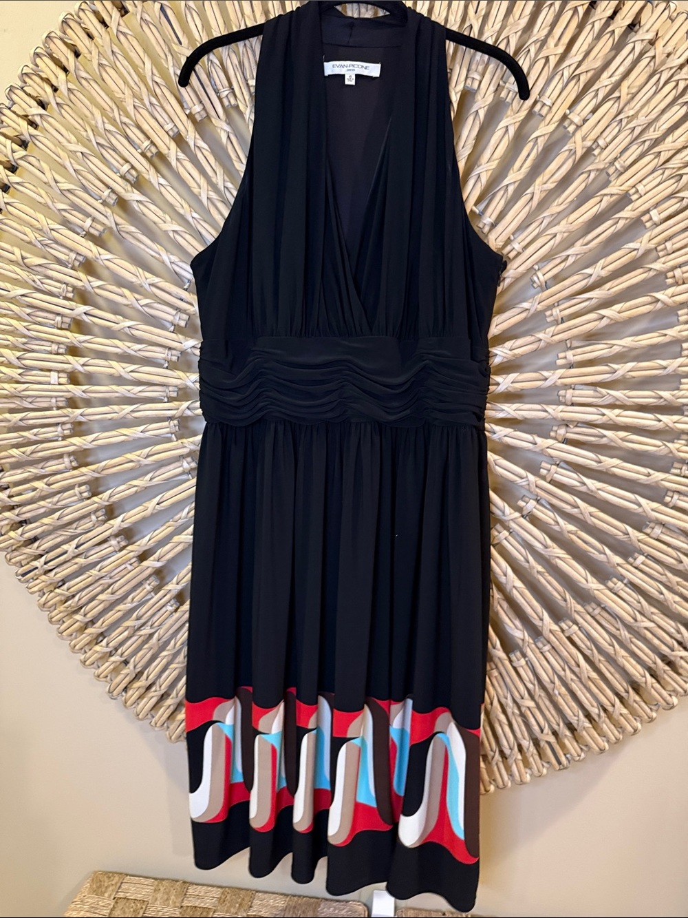Evan Picone Black Sleeveless Dress with Multicolor Hem
